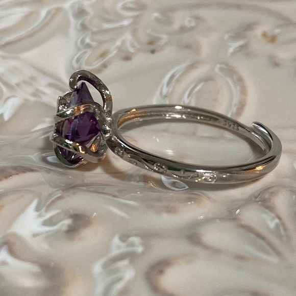 Hand Crafted Amethyst Oval Gemstone Sterling Silver Adjustable Ring Bohemian - Picture 7 of 16